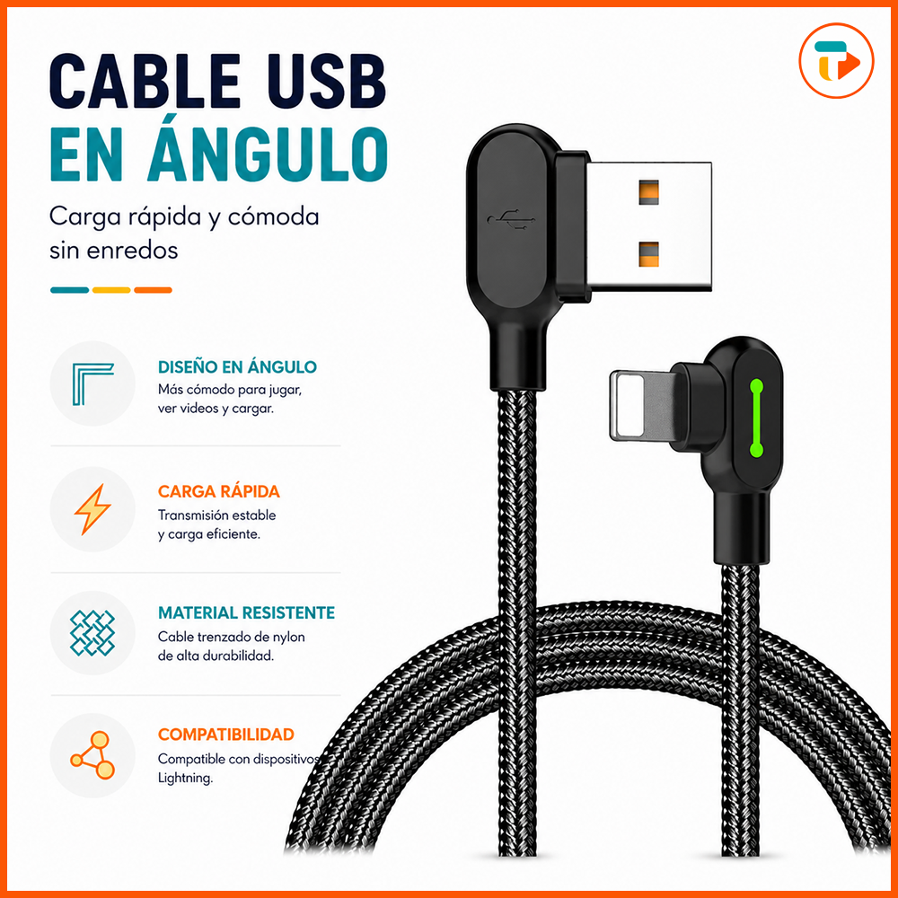 Cable Gamer USB a Lightning MCDODO 90° (Carga 3A)