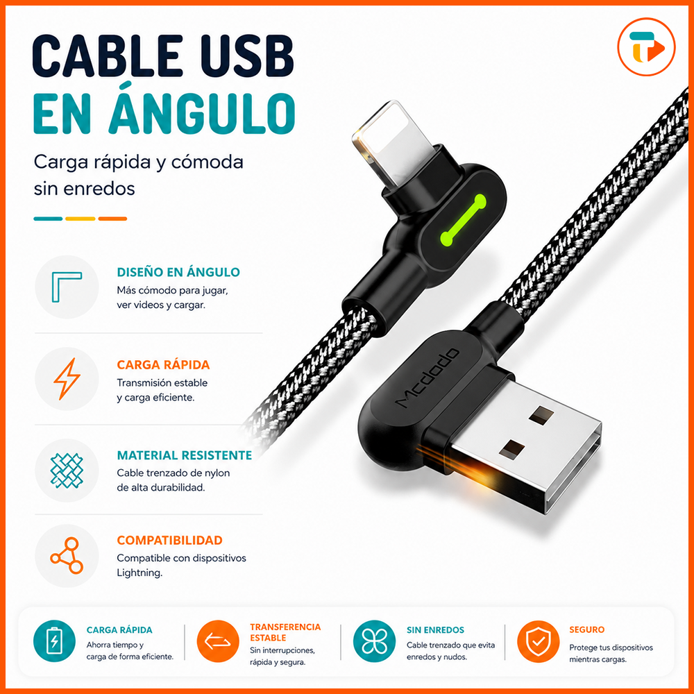 Cable Gamer USB a Lightning MCDODO 90° (Carga 3A)