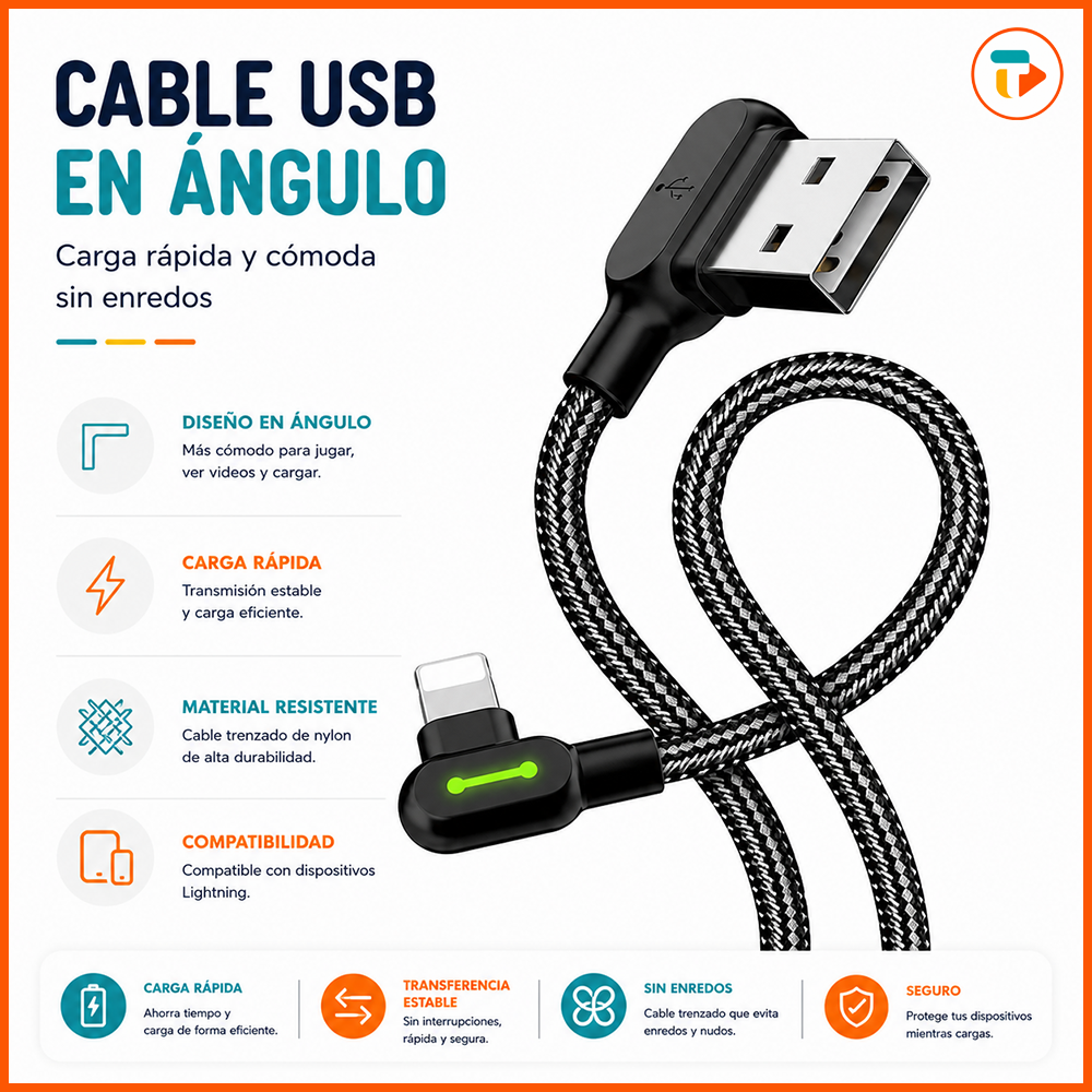 Cable Gamer USB a Lightning MCDODO 90° (Carga 3A)