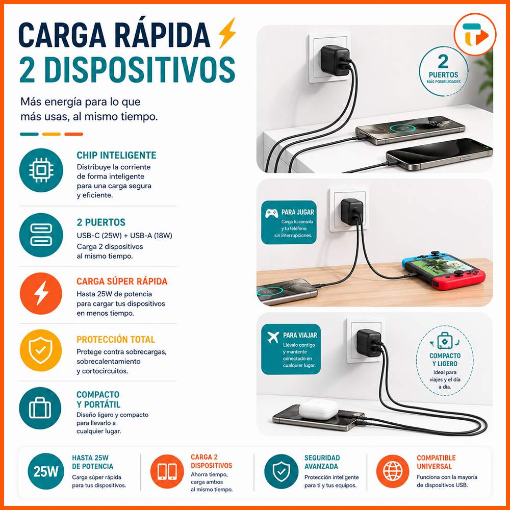 Cargador Adaptador de Pared Doble Puerto