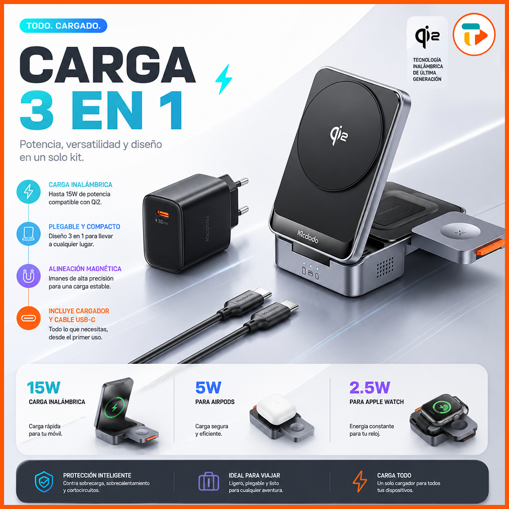 Estación de Carga MCDODO MagQ Qi2 · 3 en 1 Plegable 15W
