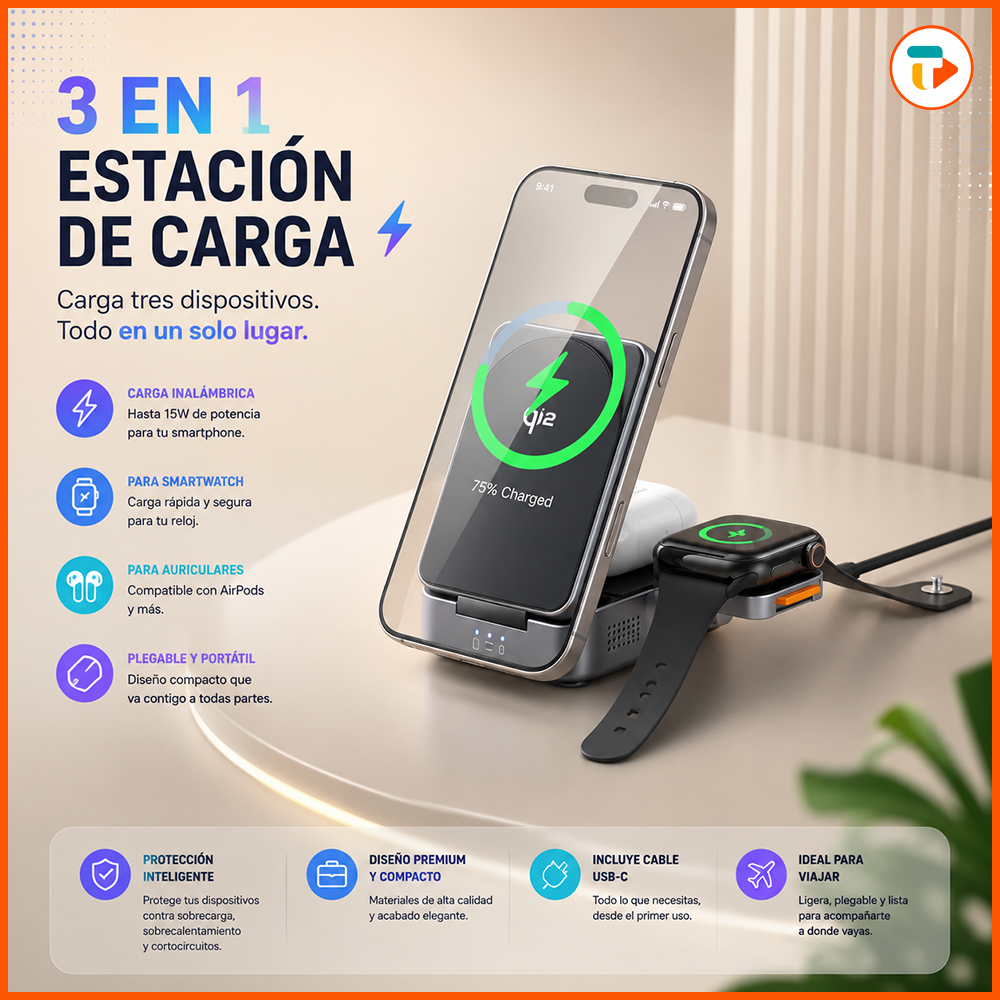 Estación de Carga MCDODO MagQ Qi2 · 3 en 1 Plegable 15W