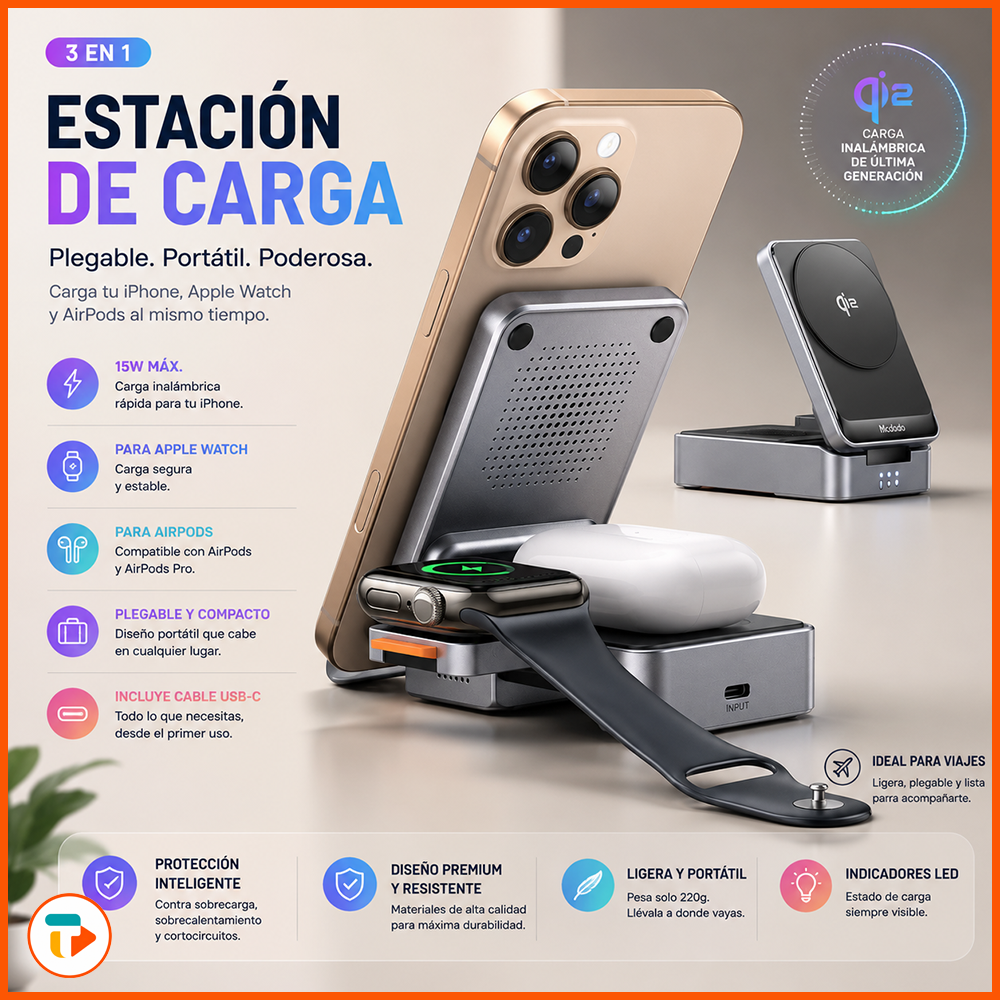 Estación de Carga MCDODO MagQ Qi2 · 3 en 1 Plegable 15W