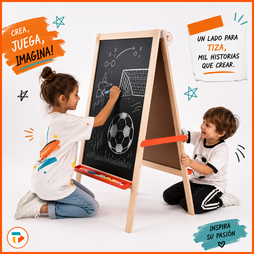 Caballete Pizarra Infantil Tuntun Doble Cara + Rollo Papel 30 metros
