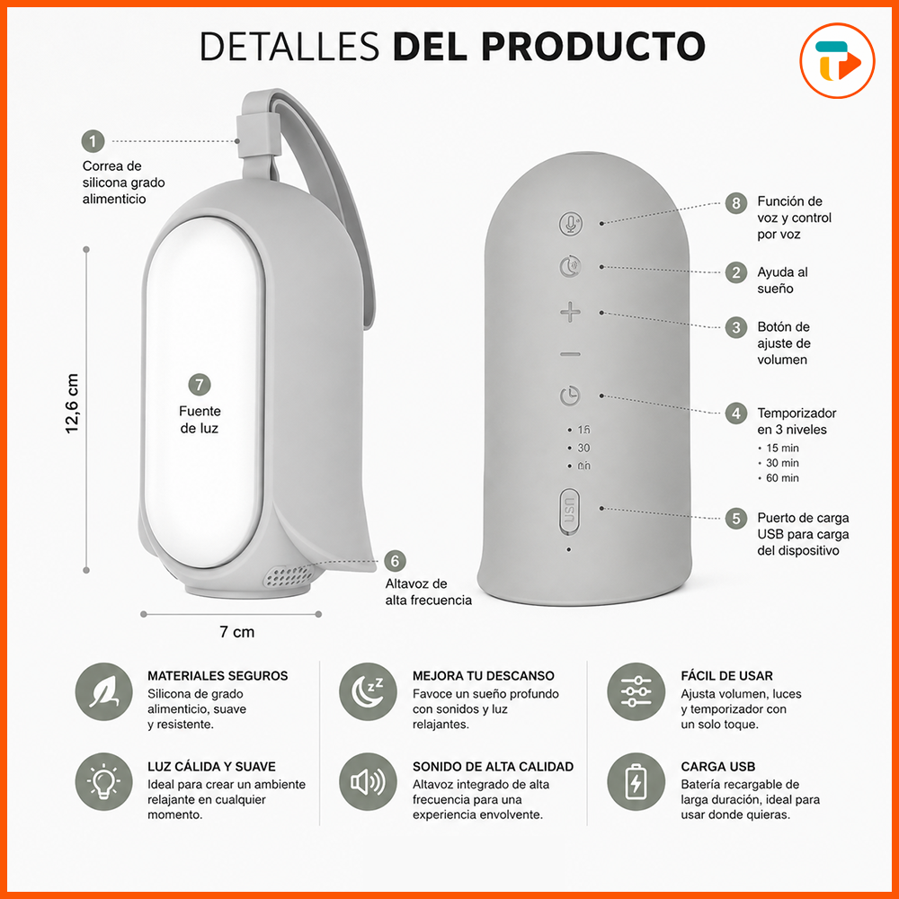 Máquina de Ruido Blanco para Bebé + Luz Nocturna Portátil
